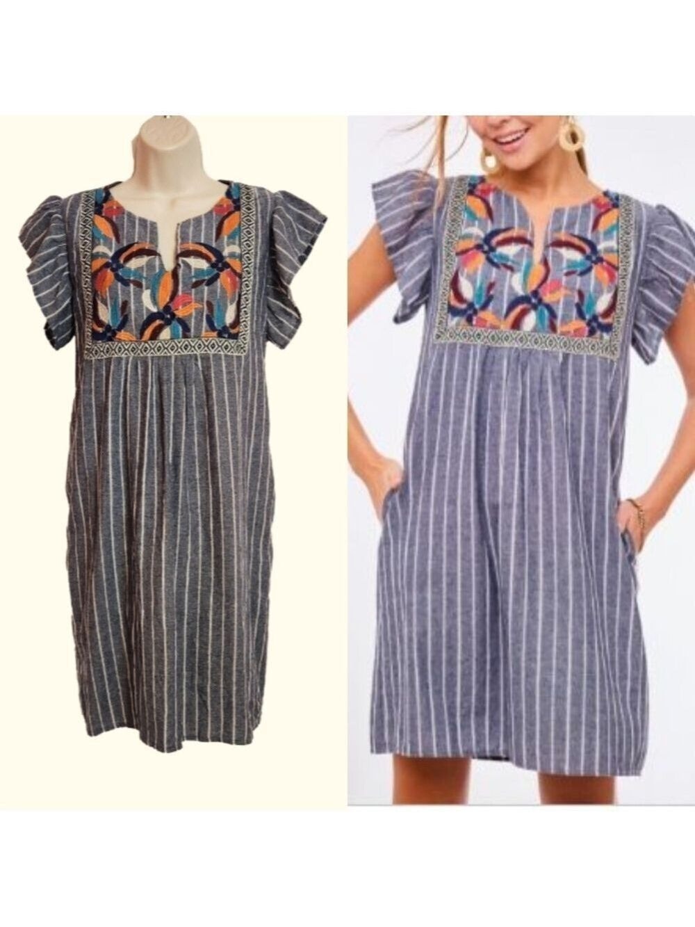 Love Grey White Striped Embroidered Mini Short Sleeve Dress Medium